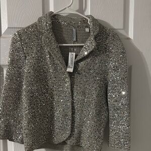 Silver Sequin Blazer with Zipper Closure